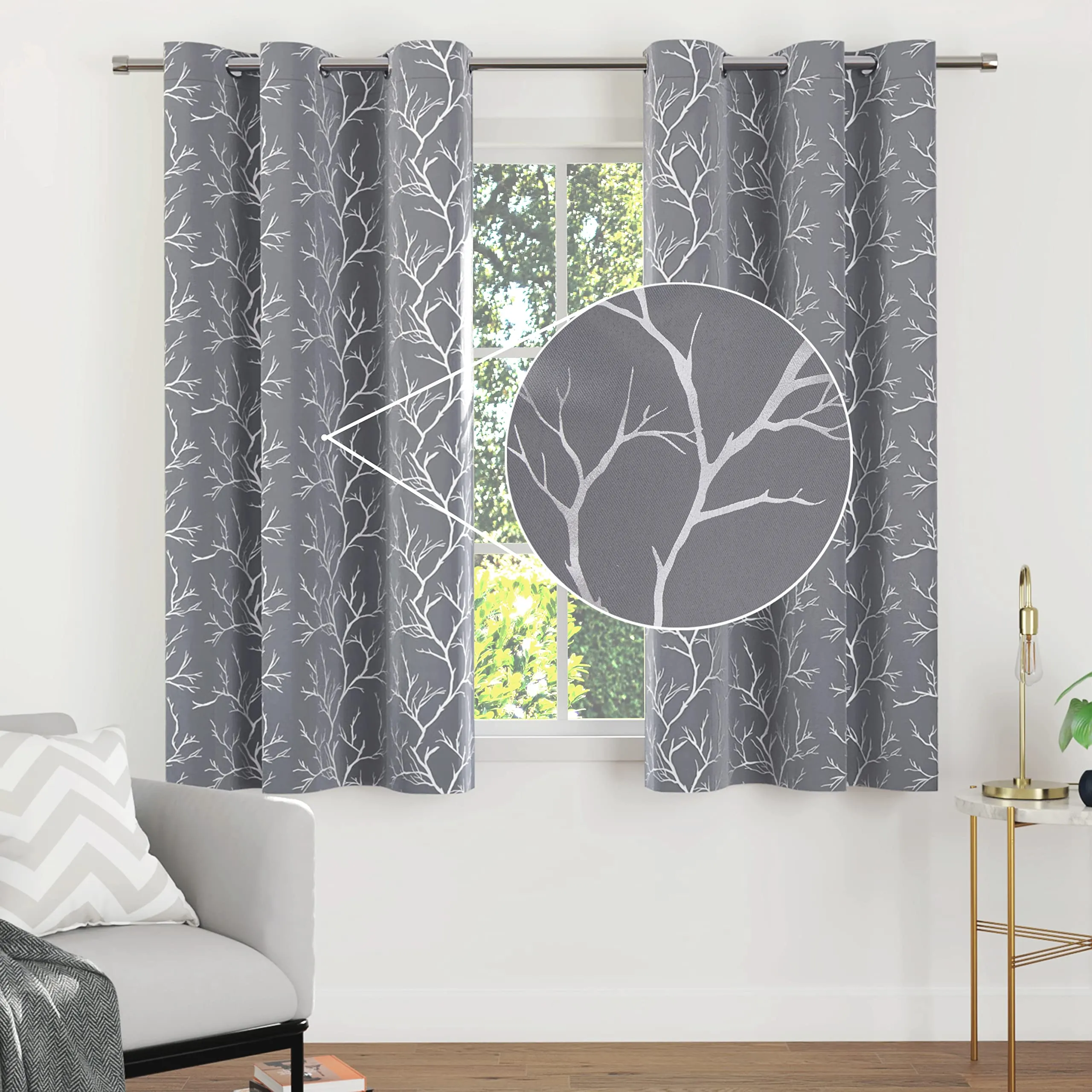 Encasa Homes Room Darkening Blackout Curtains 2 Panels Silver Foil Printed Plain Colours for Kids Bedroom, Living Room with Grommet, 85% Light Blocking, Sound & Heat Reducing, 6 ft -Twigs Grey