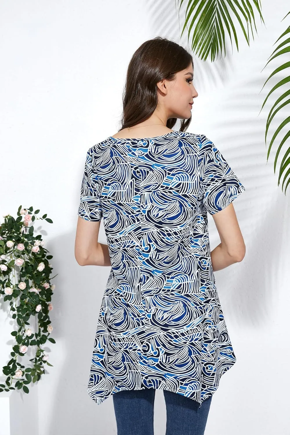 ENMAIN Womens Tunic Tops Short Sleeve Plus Size Summer Tunic Tops to Wear with Leggings Printed T-Shirt Floral Blouses