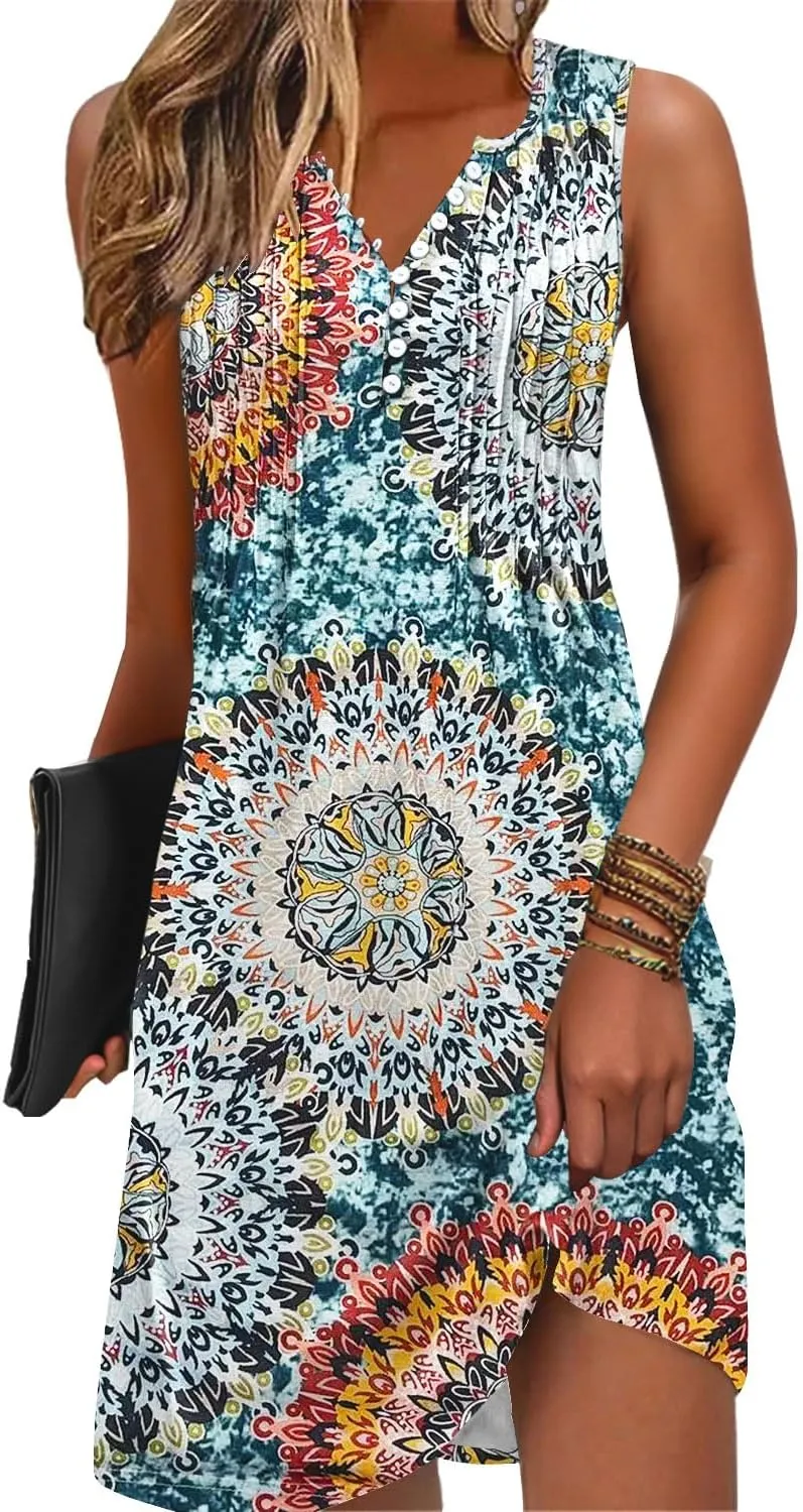 ETCYY Sundresses for Women 2025 Vacation Swim Cover up Beach Dresses Button Down Sleeveless Boho Floral V-Neck Summer Dress