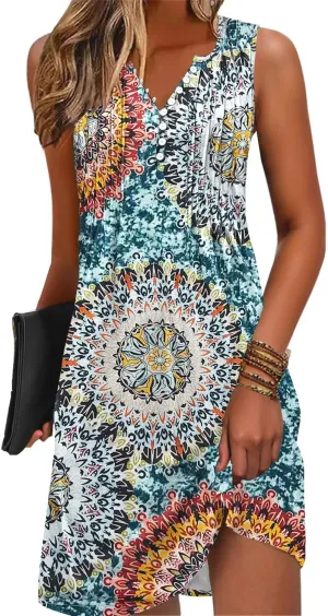 ETCYY Sundresses for Women 2025 Vacation Swim Cover up Beach Dresses Button Down Sleeveless Boho Floral V-Neck Summer Dress