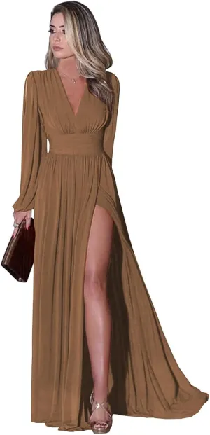 Fanao Women's Long Sleeve Bridesmaid Dresses with Slit Chiffon Prom Dresses V-Neck A-Line Formal Evening Party Dress BD005