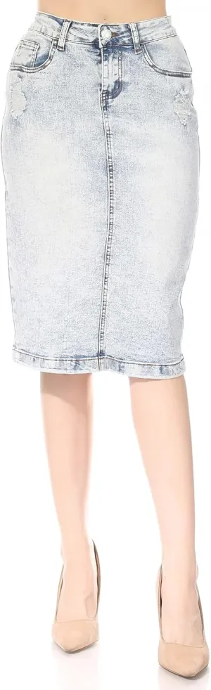 Fashion2Love Women's Junior/Plus Size Ripped Middle Length Pencil Stretch Denim Skirt (79002)