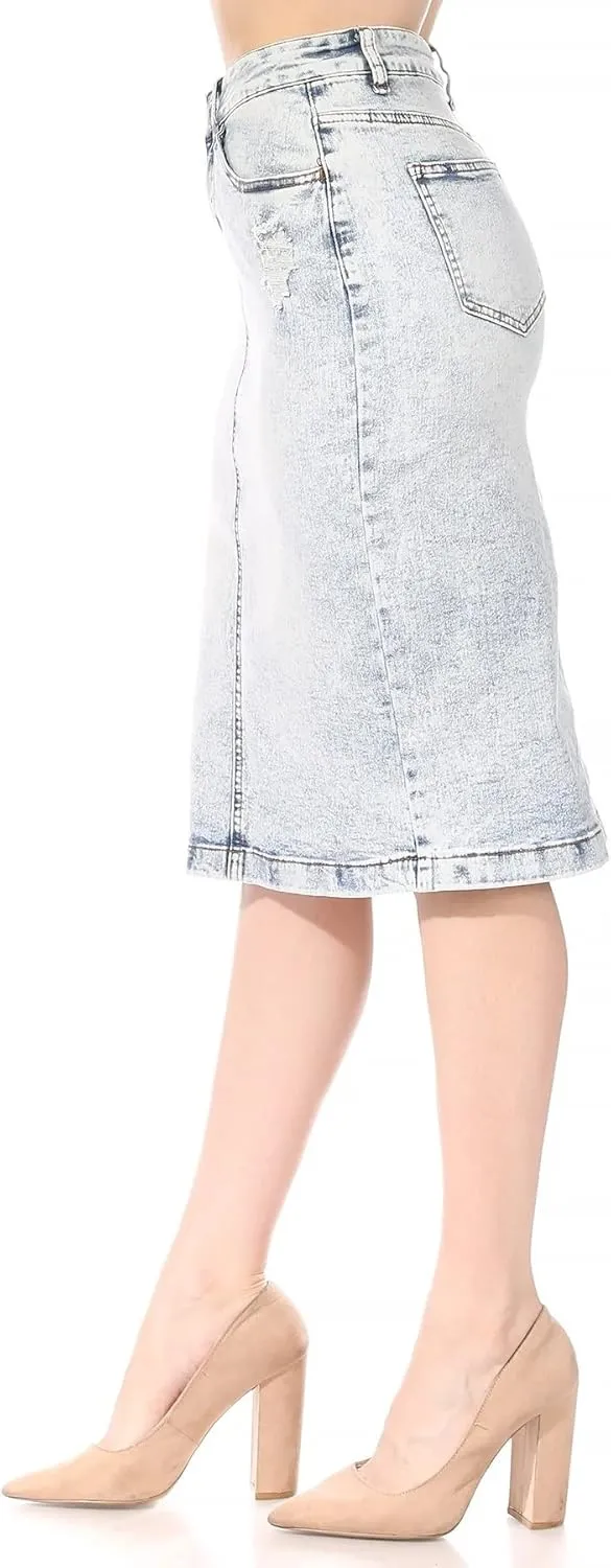 Fashion2Love Women's Junior/Plus Size Ripped Middle Length Pencil Stretch Denim Skirt (79002)