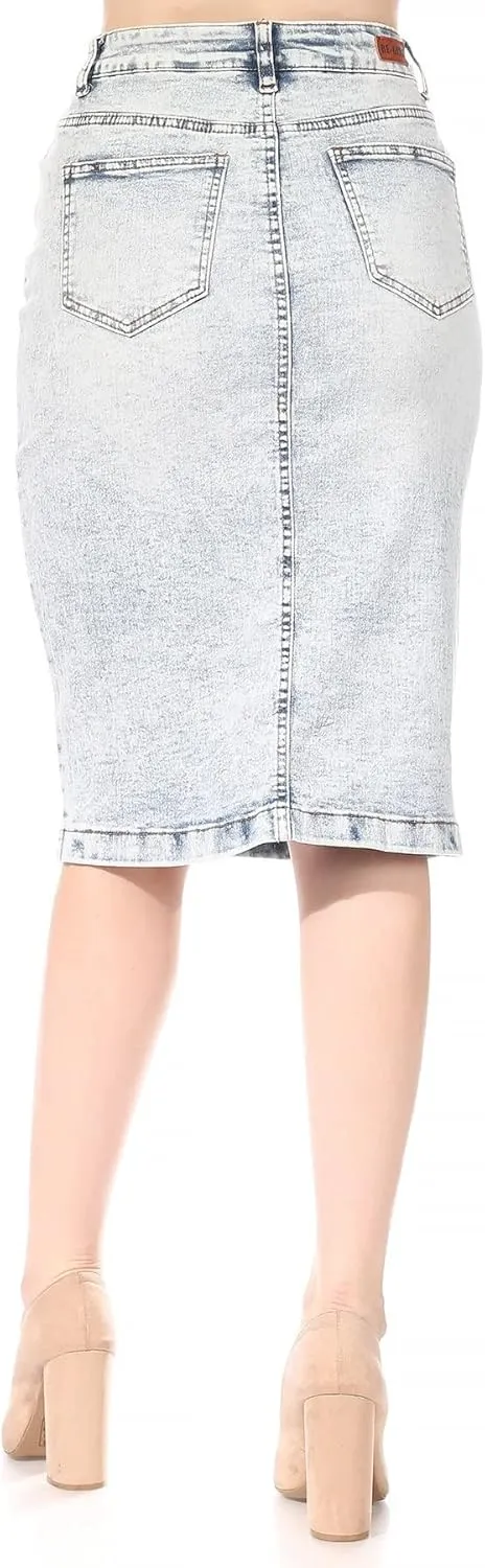 Fashion2Love Women's Junior/Plus Size Ripped Middle Length Pencil Stretch Denim Skirt (79002)