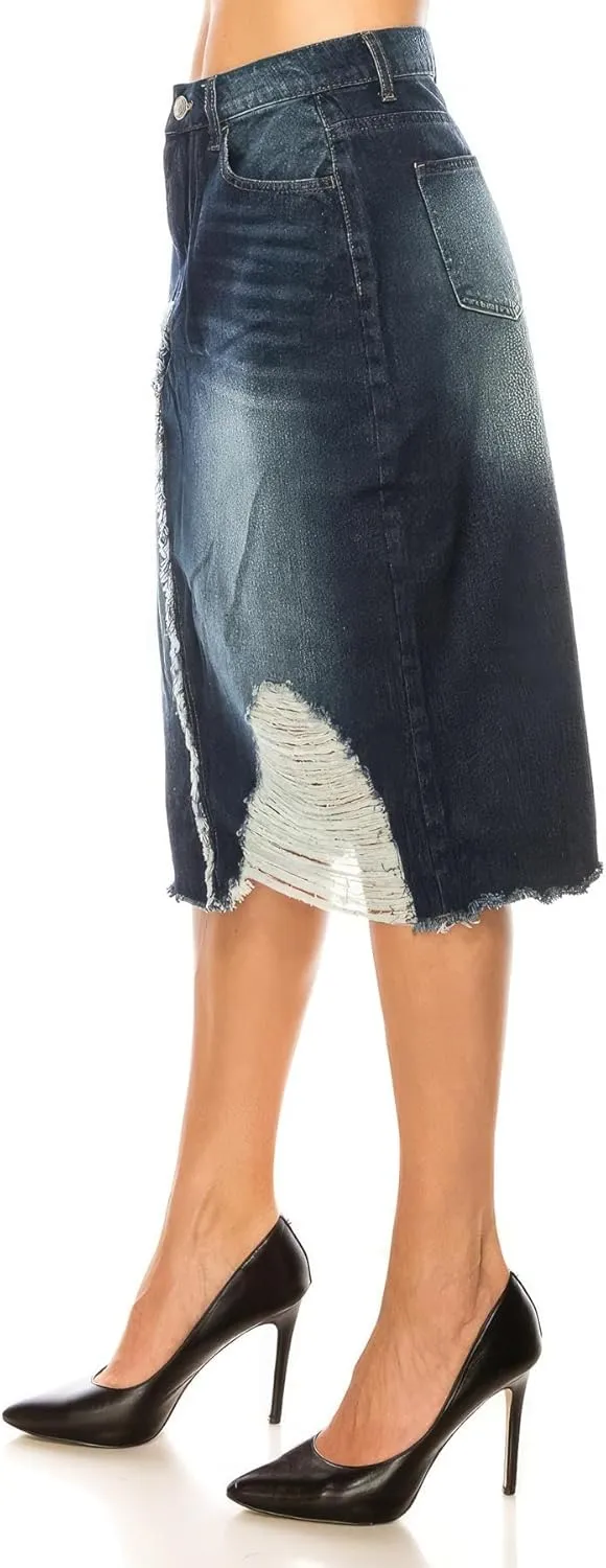 Fashion2Love Women's Juniors Calf - Length Non-Stretch Denim Pencil Skirt (79150)