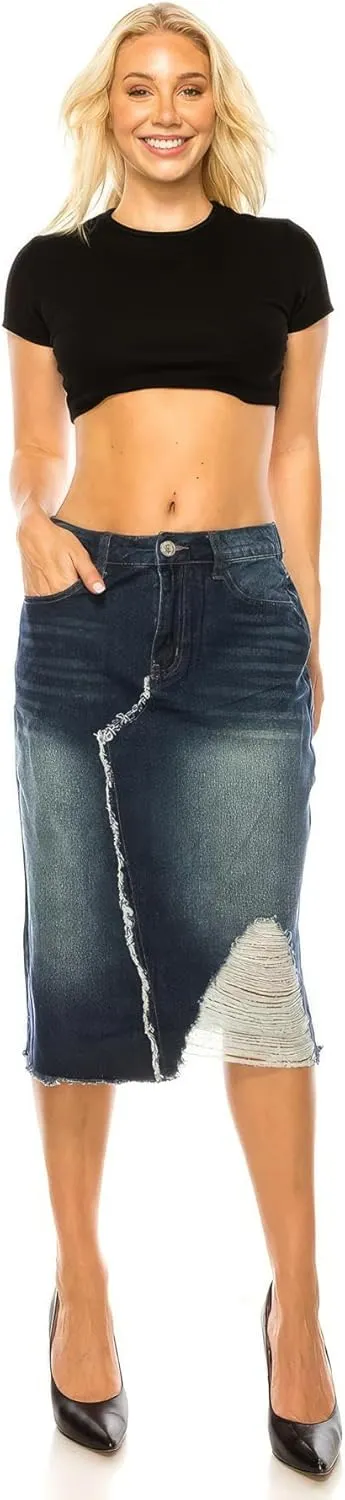 Fashion2Love Women's Juniors Calf - Length Non-Stretch Denim Pencil Skirt (79150)