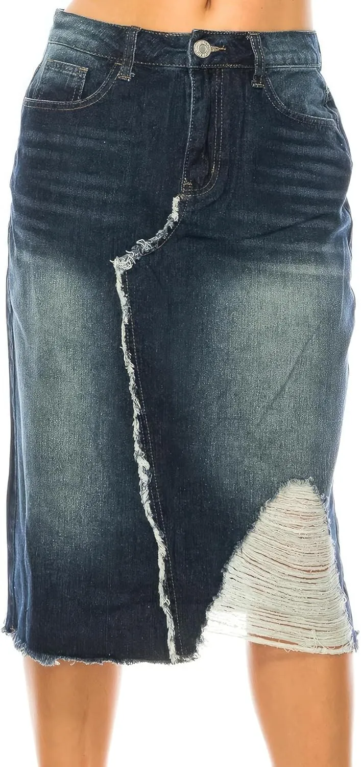 Fashion2Love Women's Juniors Calf - Length Non-Stretch Denim Pencil Skirt (79150)