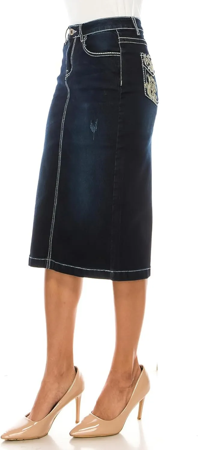 Fashion2Love Women's Juniors/Plus Size Calf - Length Stretch Denim Pencil Skirt (77856)