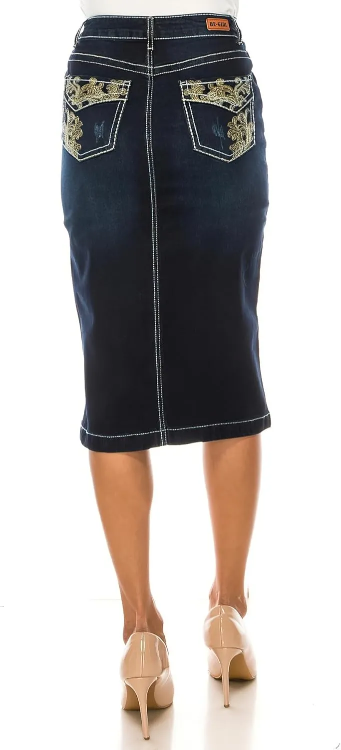 Fashion2Love Women's Juniors/Plus Size Calf - Length Stretch Denim Pencil Skirt (77856)