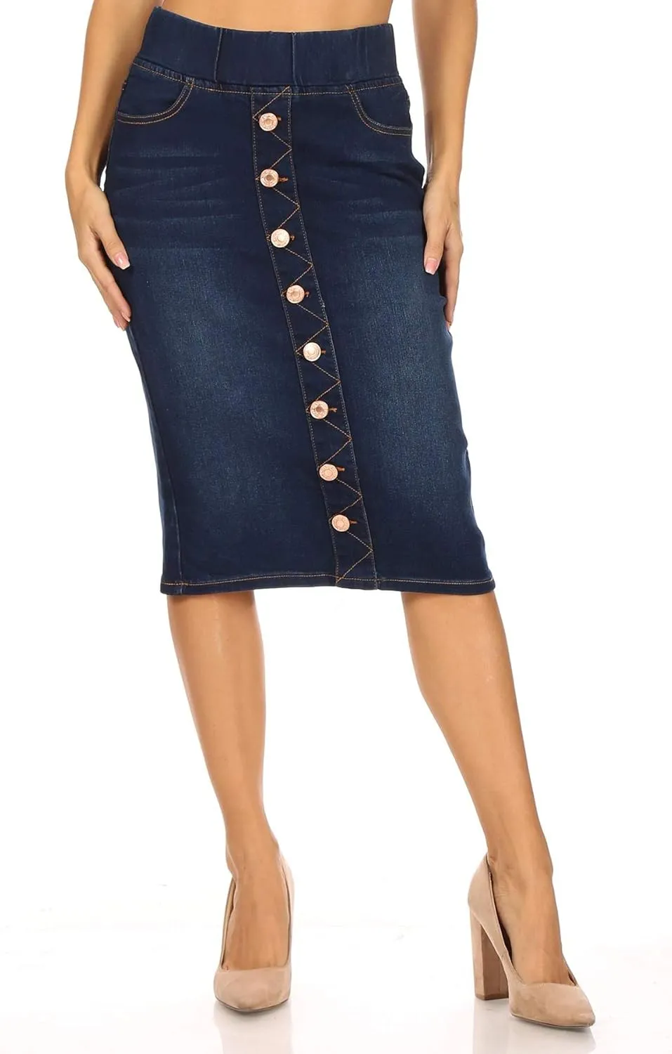 Fashion2Love Women's Juniors/Plus Size Elastic Waist Pull-On Stretch Denim Skirt