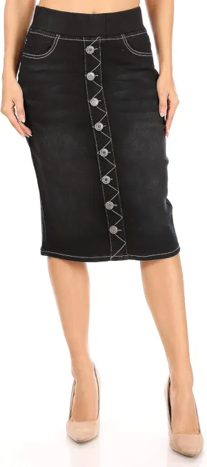 Fashion2Love Women's Juniors/Plus Size Elastic Waist Pull-On Stretch Denim Skirt