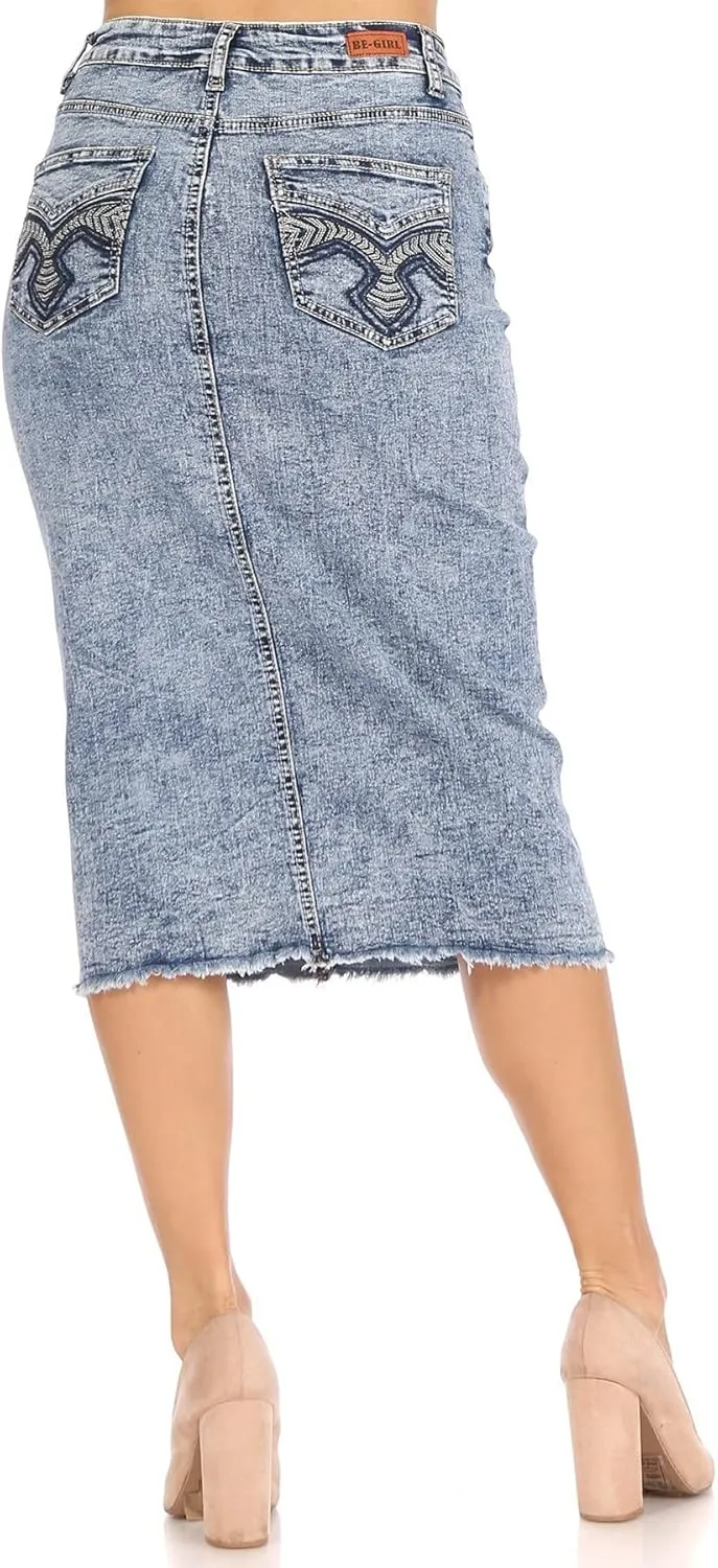 Fashion2Love Women's Juniors/Plus Size Middle - Length Stretch Denim Distressed Pencil Skirt (79036)
