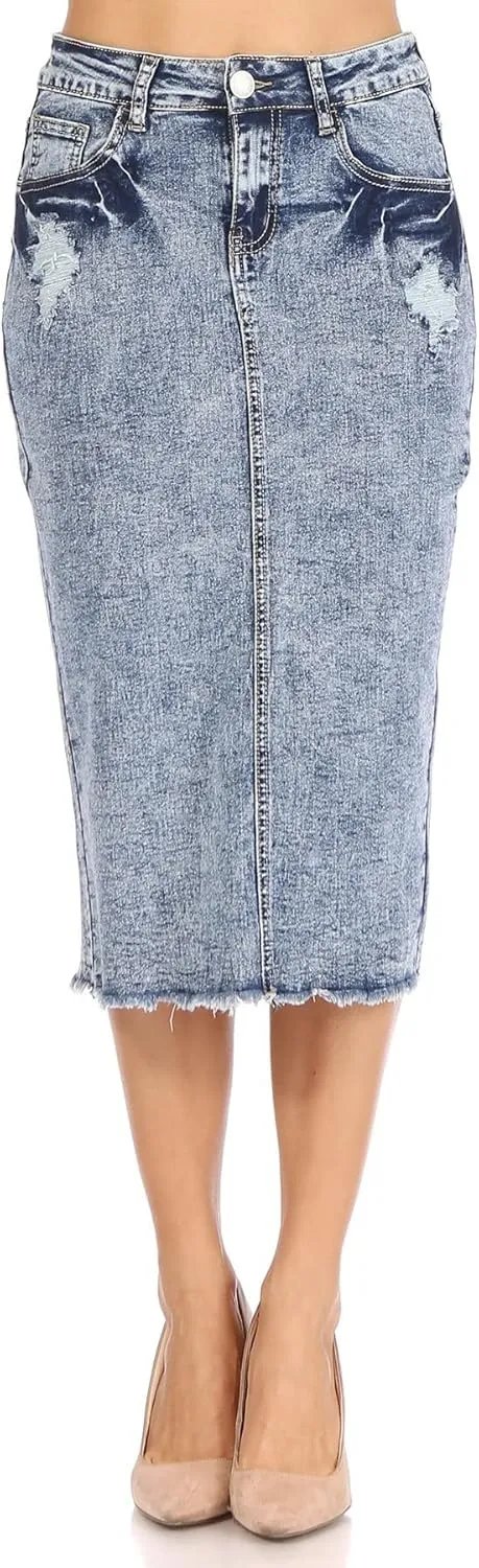 Fashion2Love Women's Juniors/Plus Size Middle - Length Stretch Denim Distressed Pencil Skirt (79036)