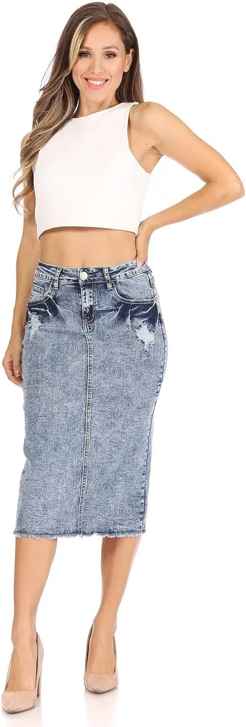 Fashion2Love Women's Juniors/Plus Size Middle - Length Stretch Denim Distressed Pencil Skirt (79036)