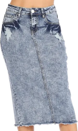 Fashion2Love Women's Juniors/Plus Size Middle - Length Stretch Denim Distressed Pencil Skirt (79036)
