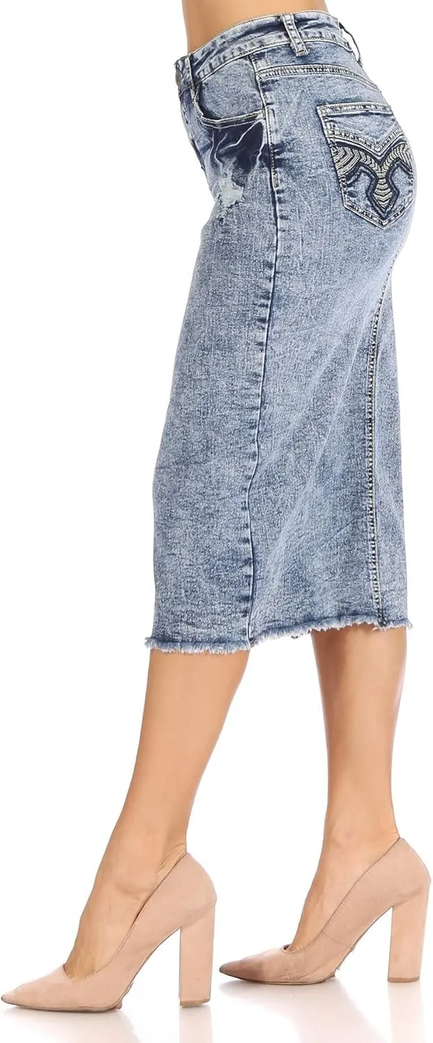 Fashion2Love Women's Juniors/Plus Size Middle - Length Stretch Denim Distressed Pencil Skirt (79036)
