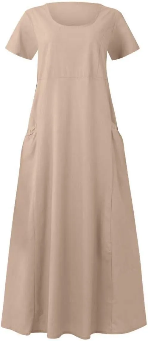 Finelylove Summer Dresses for Women 2025 Casual Flowy Midi Linen Dresses Short Sleeve Bohemian Beach Dress Gauze Sundress