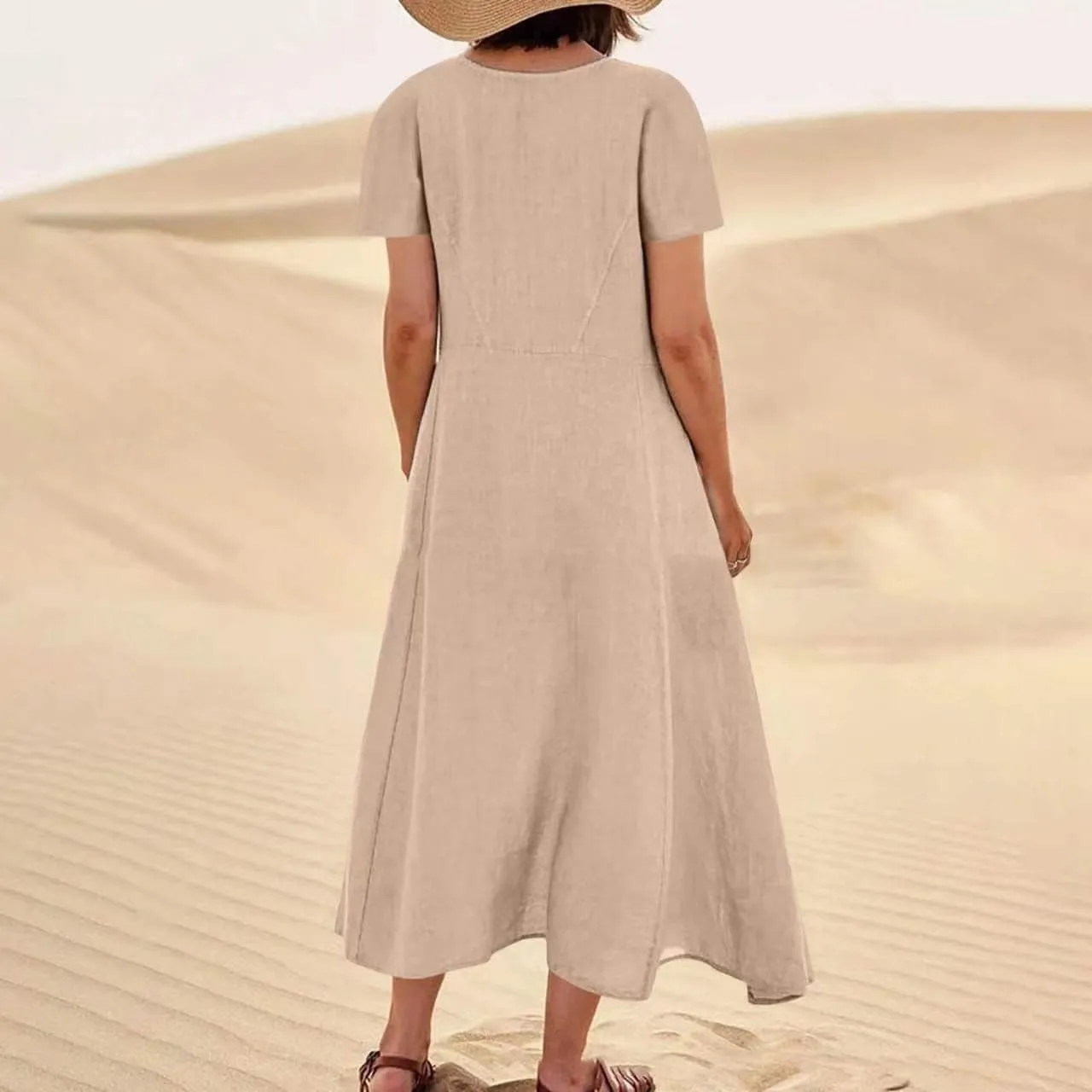 Finelylove Summer Dresses for Women 2025 Casual Flowy Midi Linen Dresses Short Sleeve Bohemian Beach Dress Gauze Sundress