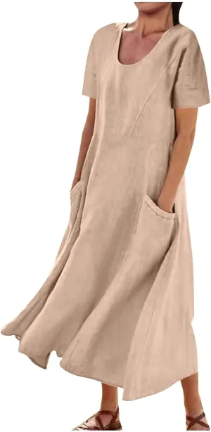 Finelylove Summer Dresses for Women 2025 Casual Flowy Midi Linen Dresses Short Sleeve Bohemian Beach Dress Gauze Sundress