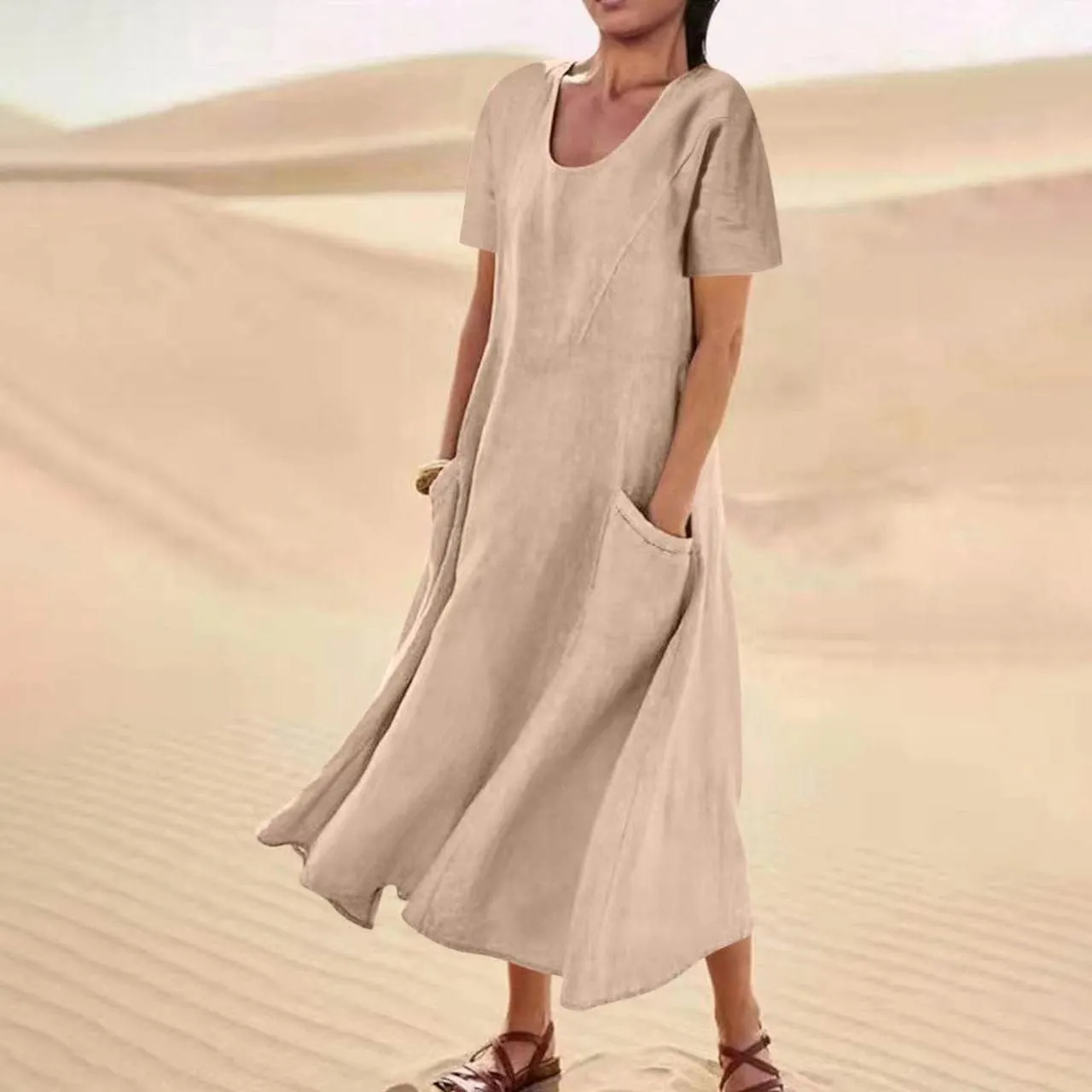 Finelylove Summer Dresses for Women 2025 Casual Flowy Midi Linen Dresses Short Sleeve Bohemian Beach Dress Gauze Sundress