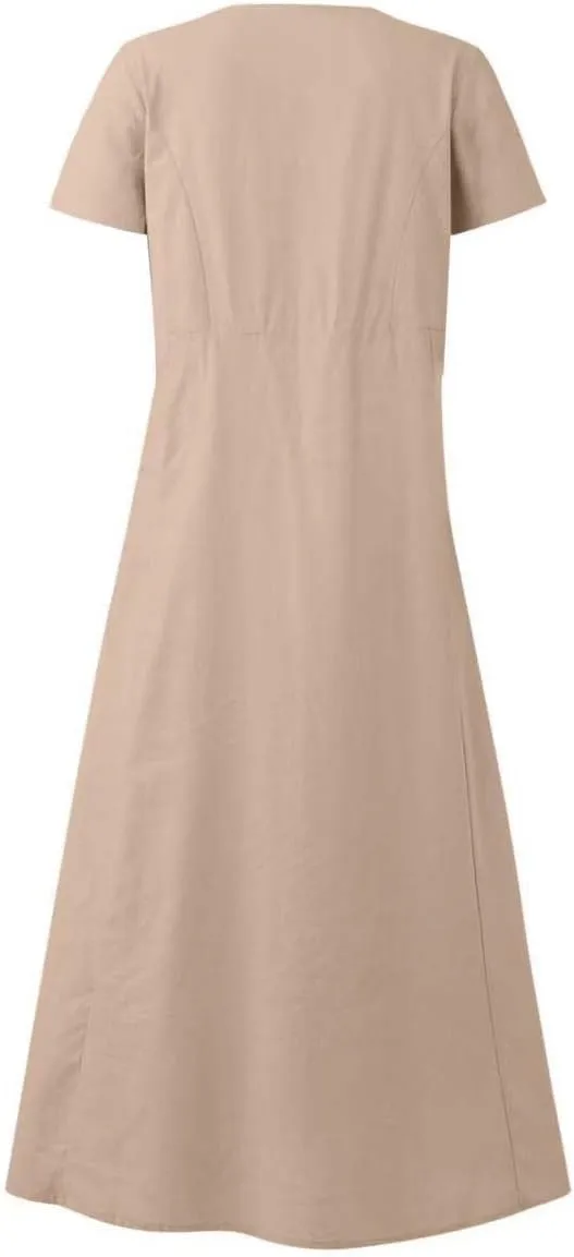 Finelylove Summer Dresses for Women 2025 Casual Flowy Midi Linen Dresses Short Sleeve Bohemian Beach Dress Gauze Sundress