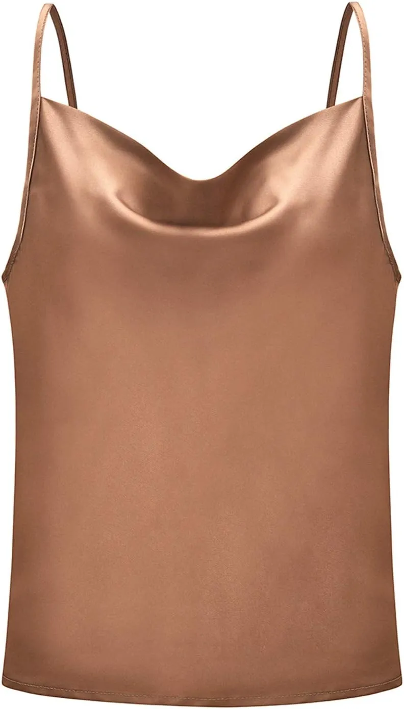 FLITAY Womens Cowl Neck Camis Satin Tank Top Spaghetti Strap Solid Color Camisoles Blouses