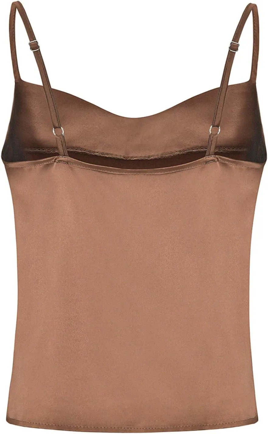 FLITAY Womens Cowl Neck Camis Satin Tank Top Spaghetti Strap Solid Color Camisoles Blouses