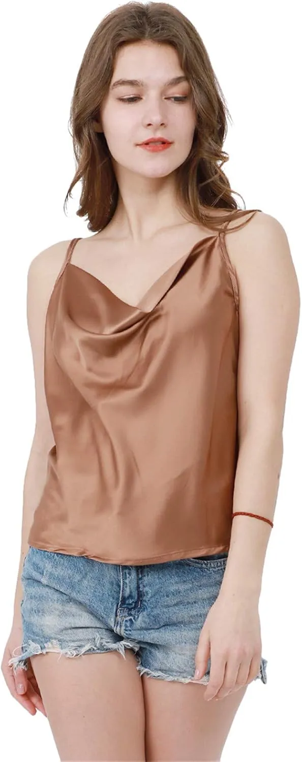 FLITAY Womens Cowl Neck Camis Satin Tank Top Spaghetti Strap Solid Color Camisoles Blouses