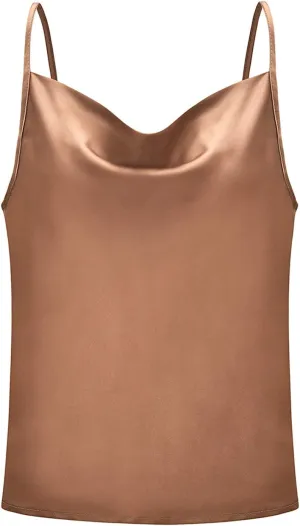 FLITAY Womens Cowl Neck Camis Satin Tank Top Spaghetti Strap Solid Color Camisoles Blouses