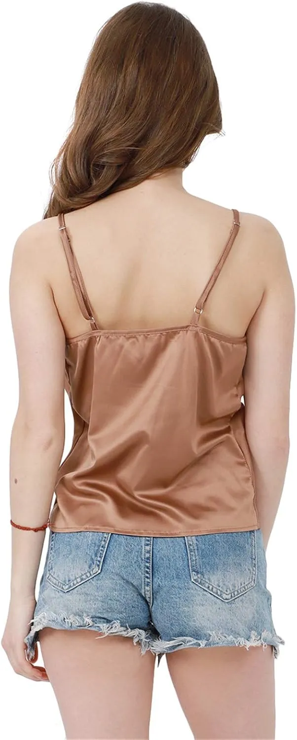 FLITAY Womens Cowl Neck Camis Satin Tank Top Spaghetti Strap Solid Color Camisoles Blouses