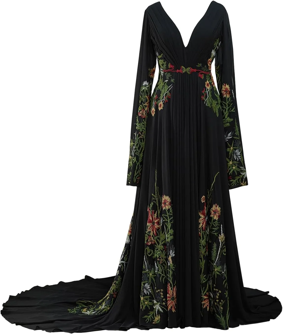 Floral Embroidered Wedding Dresses for Women Bride V Neck Bridal Gowns with Long Sleeves Boho Wedding Dress