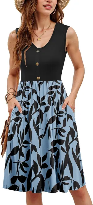 Floral Sun Dresses for Women 2025 Vacation Summer Button Down Scoop Neck Mini Sundress Patchwork Flowy Beach Dress