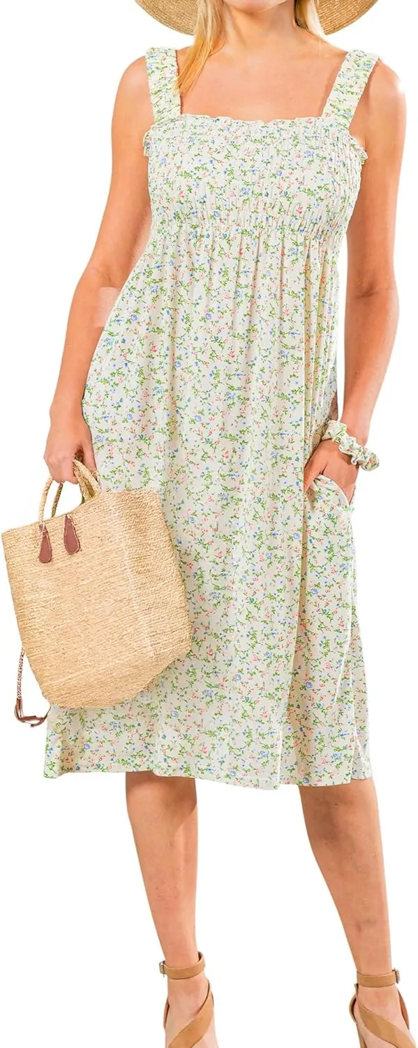 Floral Sundress with Pocket, Beach Outfit Sleeveless Long Sundress, Scrunchie Included Vacation Dresses for Women 2024
