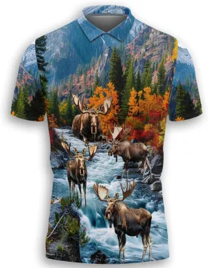 Funny Moose Polo Shirts for Men - Short Sleeve Golf Shirts Dry Fit Mens Polo T-Shirt Casual Style 07