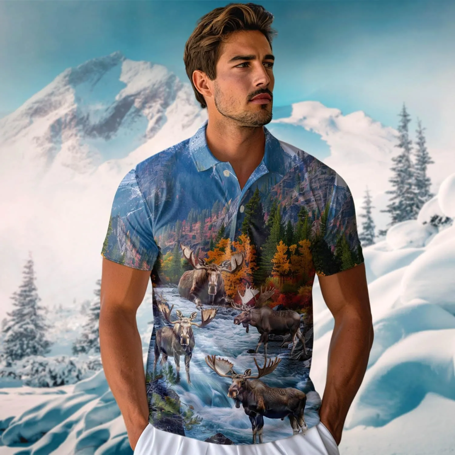 Funny Moose Polo Shirts for Men - Short Sleeve Golf Shirts Dry Fit Mens Polo T-Shirt Casual Style 07