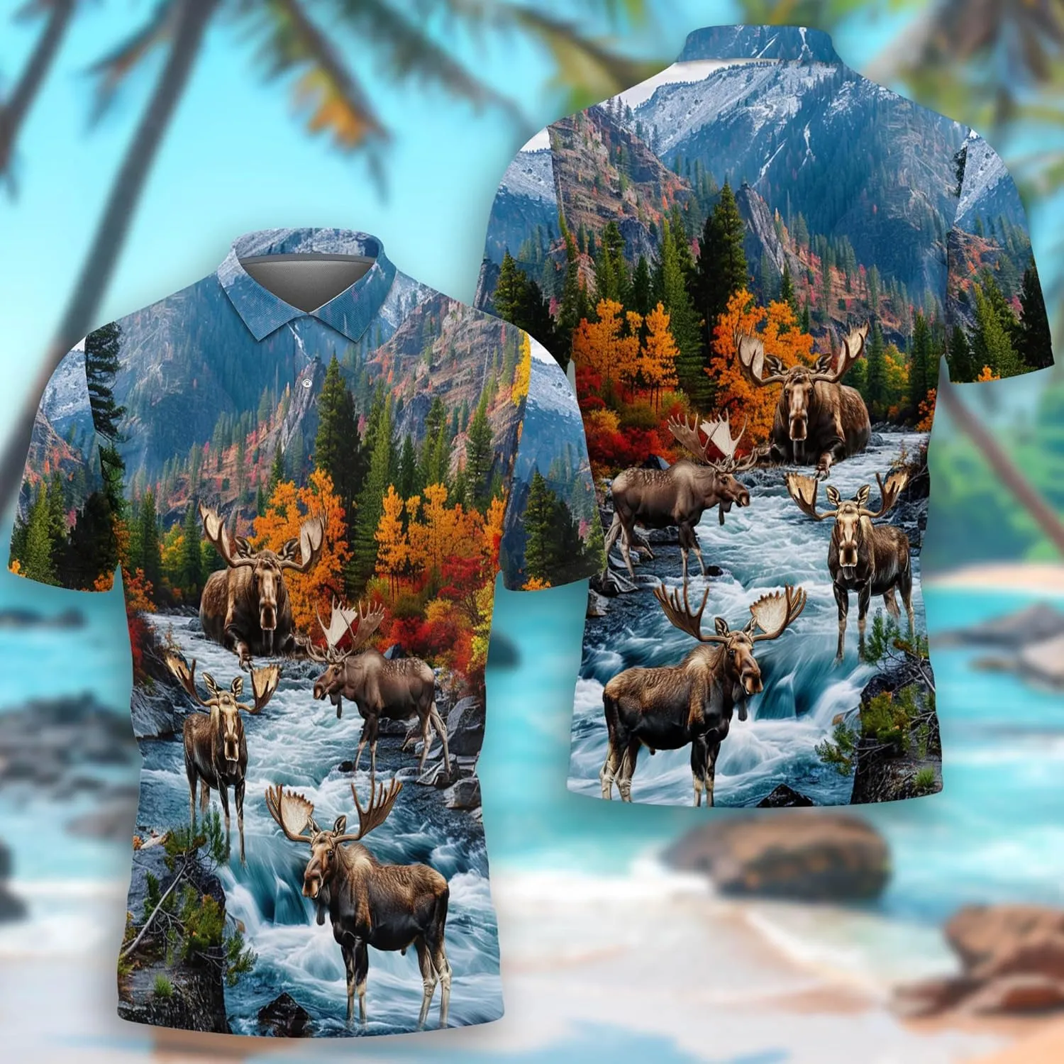 Funny Moose Polo Shirts for Men - Short Sleeve Golf Shirts Dry Fit Mens Polo T-Shirt Casual Style 07