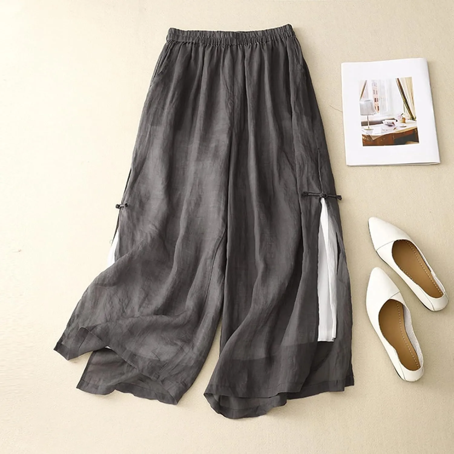 FZYLQY Linen Pants for Women Loose Fit Casual Beach Trousers Cotton Linen Summer Palazzo Pants Flowy Wide Leg Trousers
