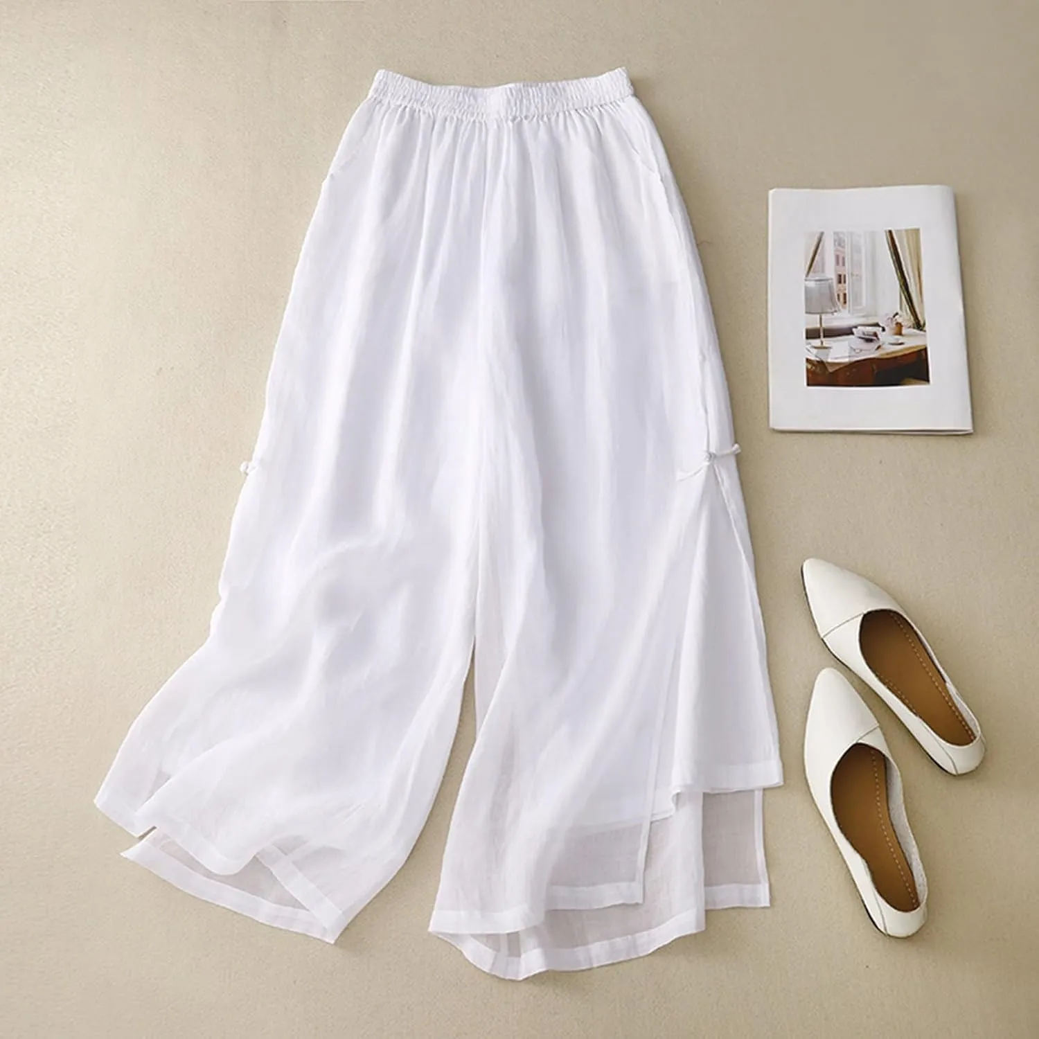 FZYLQY Linen Pants for Women Loose Fit Casual Beach Trousers Cotton Linen Summer Palazzo Pants Flowy Wide Leg Trousers