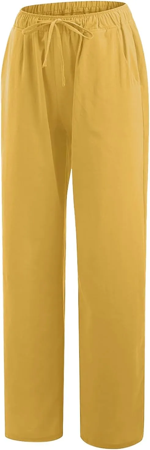 FZYLQY Linen Pants Women Summer 2025, Wide Leg Casual Cotton Linen Pants High Waisted Drawstring Lounge Pants Beach Trousers
