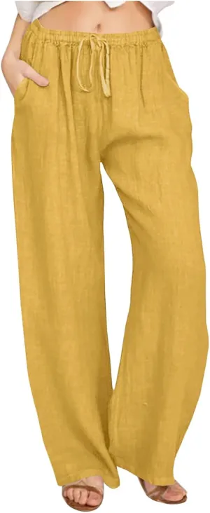 FZYLQY Linen Pants Women Summer 2025, Wide Leg Casual Cotton Linen Pants High Waisted Drawstring Lounge Pants Beach Trousers