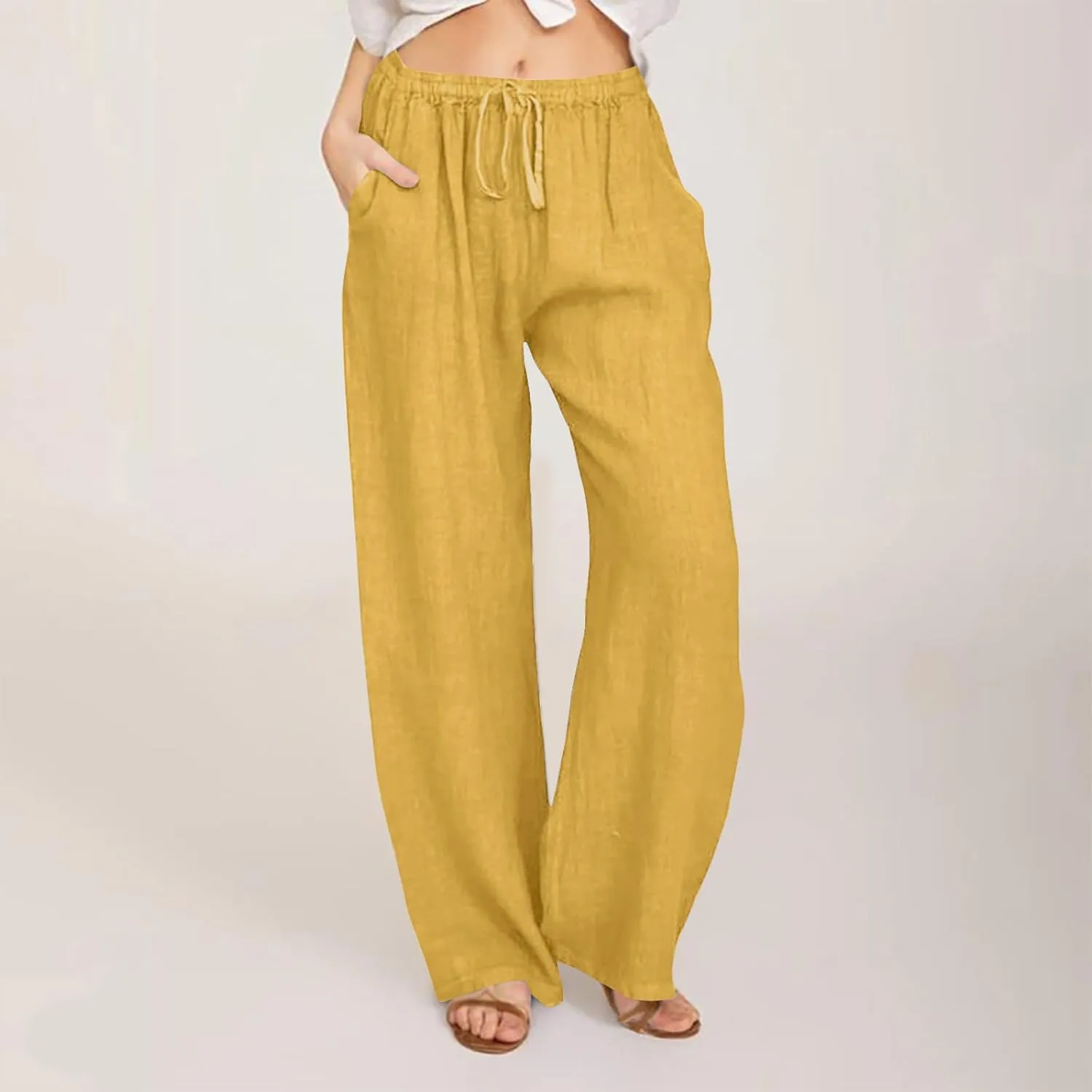 FZYLQY Linen Pants Women Summer 2025, Wide Leg Casual Cotton Linen Pants High Waisted Drawstring Lounge Pants Beach Trousers