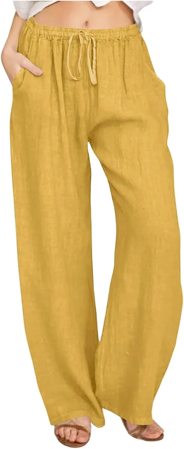 FZYLQY Linen Pants Women Summer 2025, Wide Leg Casual Cotton Linen Pants High Waisted Drawstring Lounge Pants Beach Trousers
