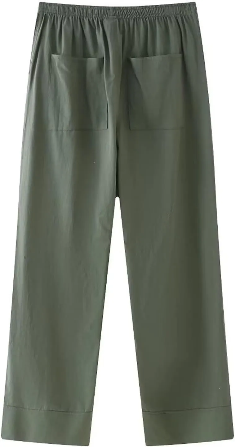 FZYLQY Womens Linen Pants with Pockets High Waisted Palazzo Pants Belted Straight Leg Trousers 2025 Summer Beach Trousers