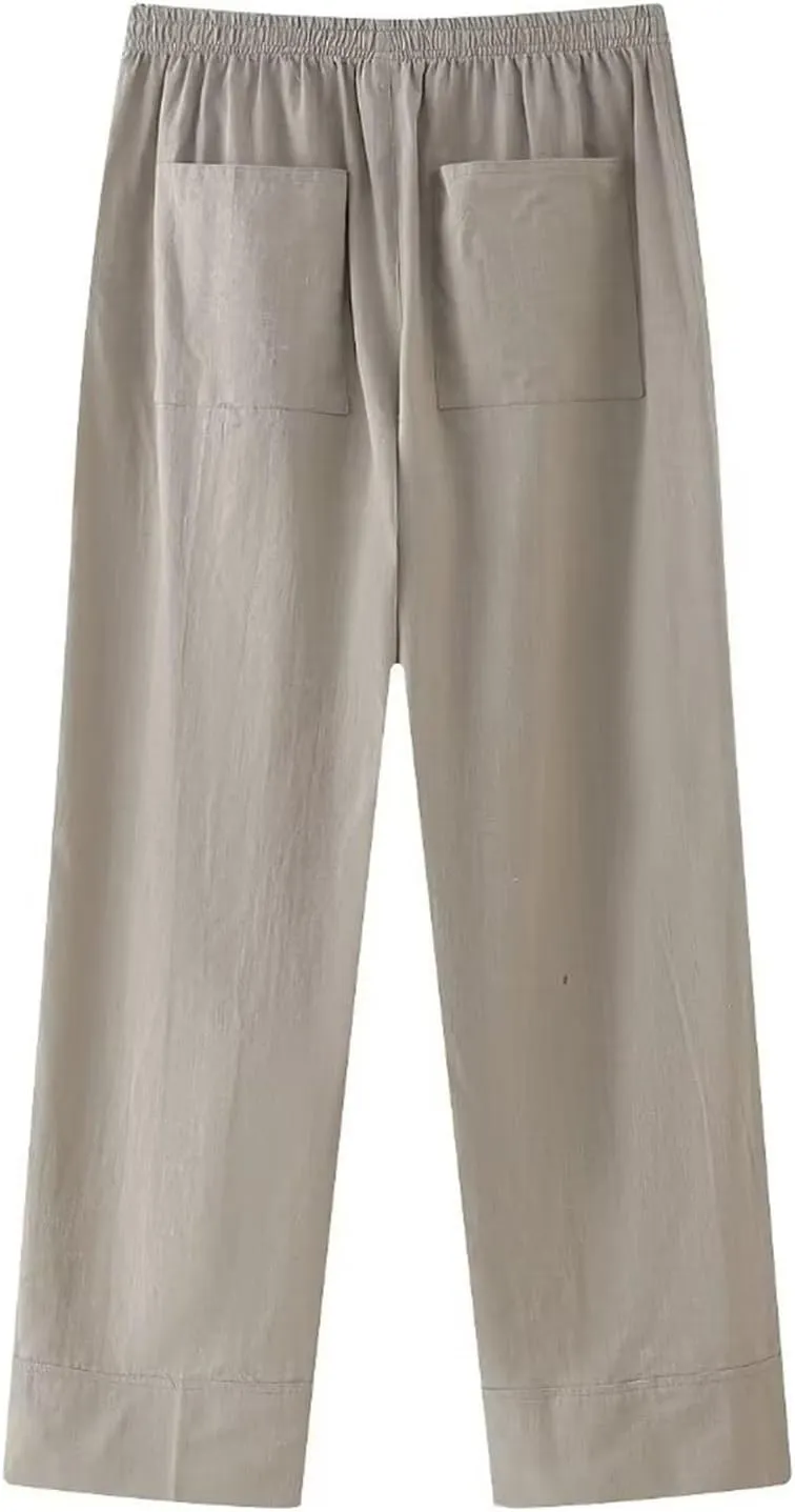 FZYLQY Womens Linen Pants with Pockets High Waisted Palazzo Pants Belted Straight Leg Trousers 2025 Summer Beach Trousers