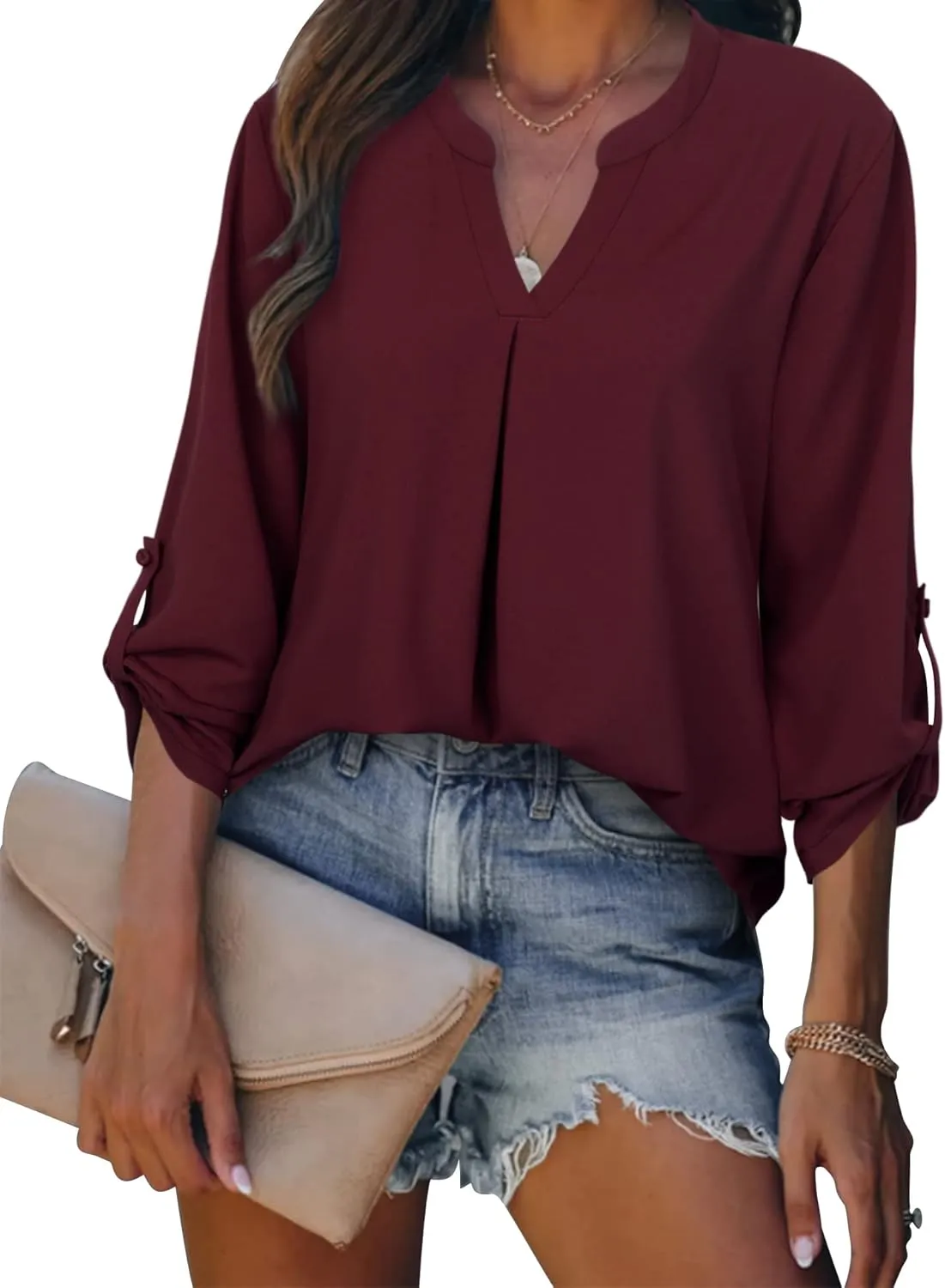 Gaharu Women's Blouses 3/4 Sleeve Work Shirt Chiffon Tunic Top Office Wear