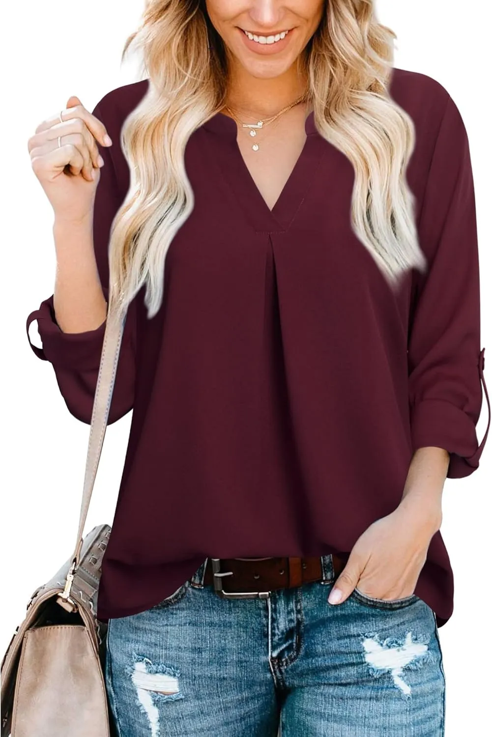 Gaharu Women's Blouses 3/4 Sleeve Work Shirt Chiffon Tunic Top Office Wear