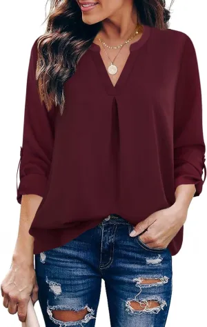 Gaharu Women's Blouses 3/4 Sleeve Work Shirt Chiffon Tunic Top Office Wear
