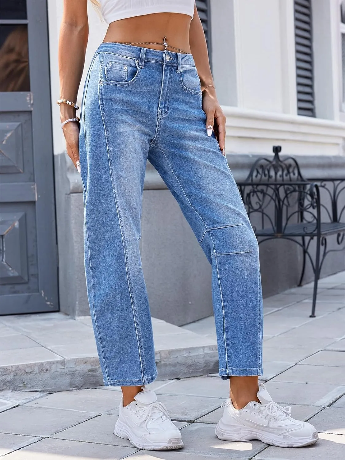 Genleck Barrel Jeans Women Wide Leg Cropped Jeans High Waisted Baggy Boyfriend Mom Denim Ankle Pants with Pockets