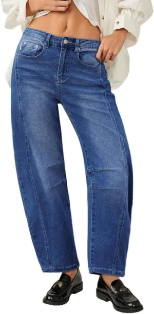Genleck Barrel Jeans Women Wide Leg Cropped Jeans High Waisted Baggy Boyfriend Mom Denim Ankle Pants with Pockets