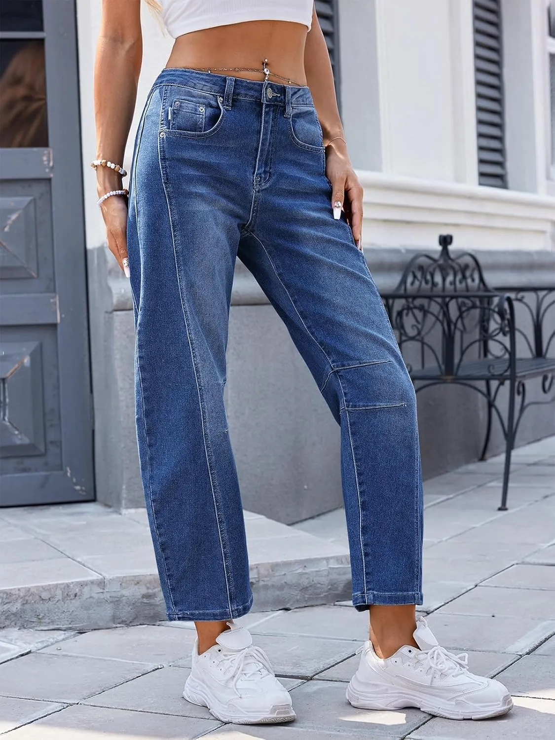 Genleck Barrel Jeans Women Wide Leg Cropped Jeans High Waisted Baggy Boyfriend Mom Denim Ankle Pants with Pockets